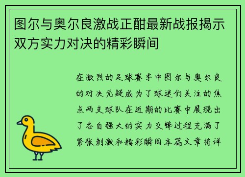 图尔与奥尔良激战正酣最新战报揭示双方实力对决的精彩瞬间
