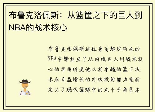 布鲁克洛佩斯：从篮筐之下的巨人到NBA的战术核心